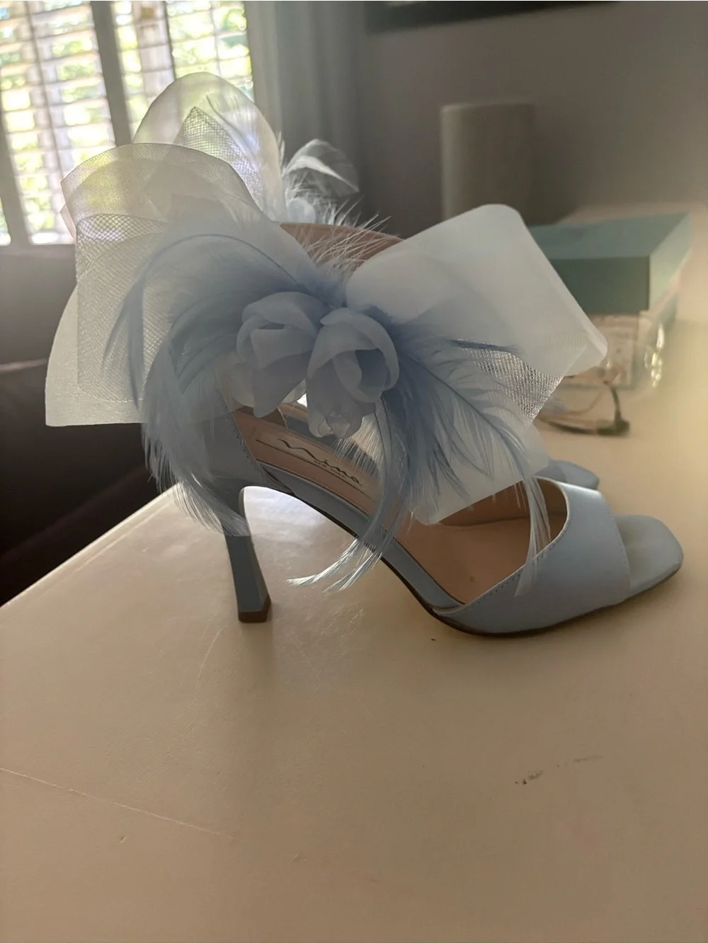Nina Powder Blue Feather Flower High Heel Sandals